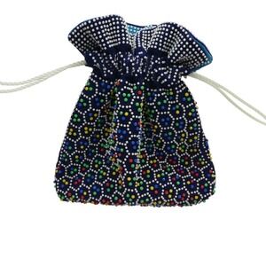 Vintage JEM Hong Kong Beaded Reversible Drawstring Pouch Bag Blue Small
